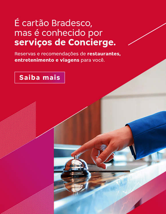 #BradescoAcessível #PraTodoMundoVer em um fundo vermelho, lemos o seguinte texto do lado esquerdo: “É cartão Bradesco, mas é conhecido por serviços de concierge.”. Abaixo, lemos o seguinte texto: “Reservas e recomendações de restaurantes, entretenimento e viagens para você.”.  Abaixo deste texto, tem o botão “Eu quero”. Do lado direito, tem uma imagem em diagonal com o detalhe de uma mão batendo em um sininho metálico que fica sobre o balcão de recepção do hotel. Fim da descrição.