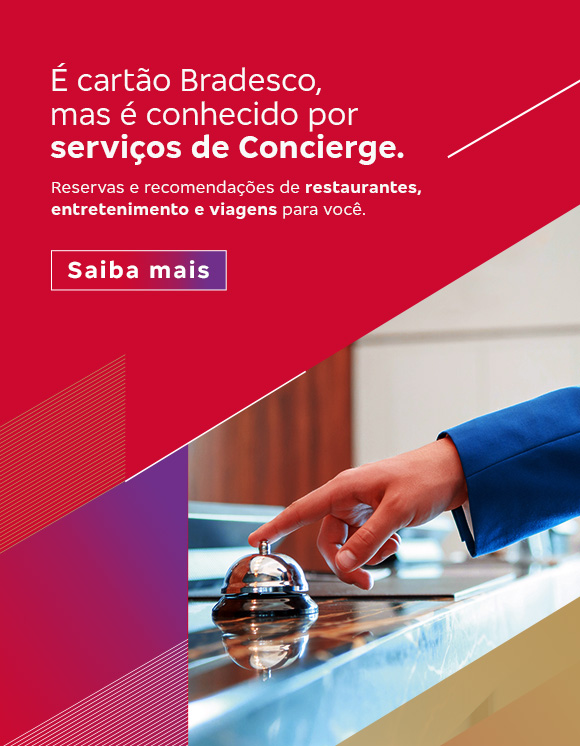 #BradescoAcessível #PraTodoMundoVer em um fundo cinza com pequenos quadrados nos tons de azul e vermelho, lemos o seguinte texto do lado esquerdo: “É cartão Bradesco, mas é conhecido por serviços de concierge.”. Abaixo, lemos o seguinte texto: “Reservas e recomendações de restaurantes, entretenimento e viagens para você.”.  Abaixo deste texto, tem o botão “Eu quero”. Do lado direito, tem a imagem de uma mulher de costas com um vestido vermelho e chapéu de palha, em pé numa escadaria de uma cidade a beira mar admirando a paisagem. Fim da descrição.